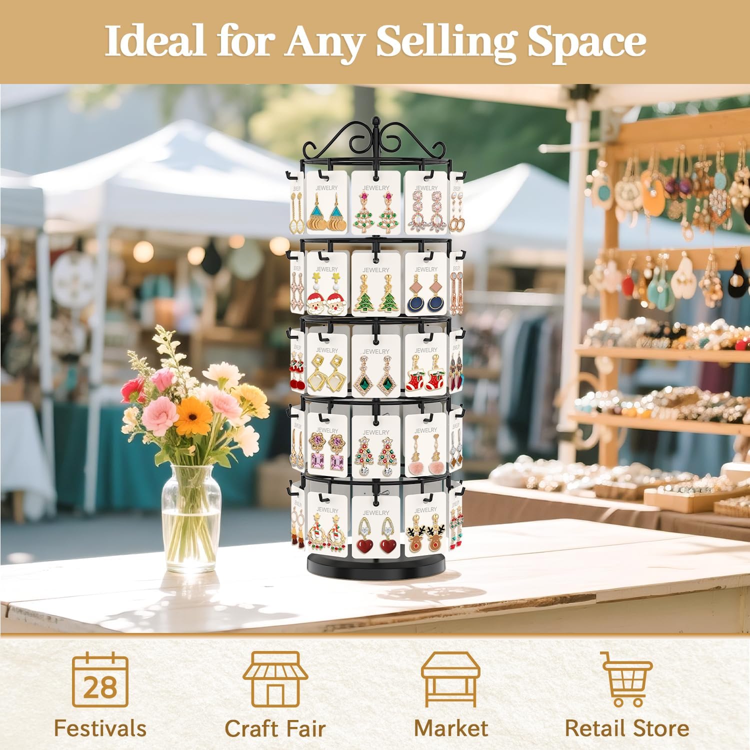 MODOWEY Earring Card Display Stand for Vendors, 50 Hooks Metal Rotating Organizer Rack Holder, 5 Tier Adjustable Jewelry Tree for Stud Pierced Dangle Selling, Boost Sales Compact Earing Hanger, Black