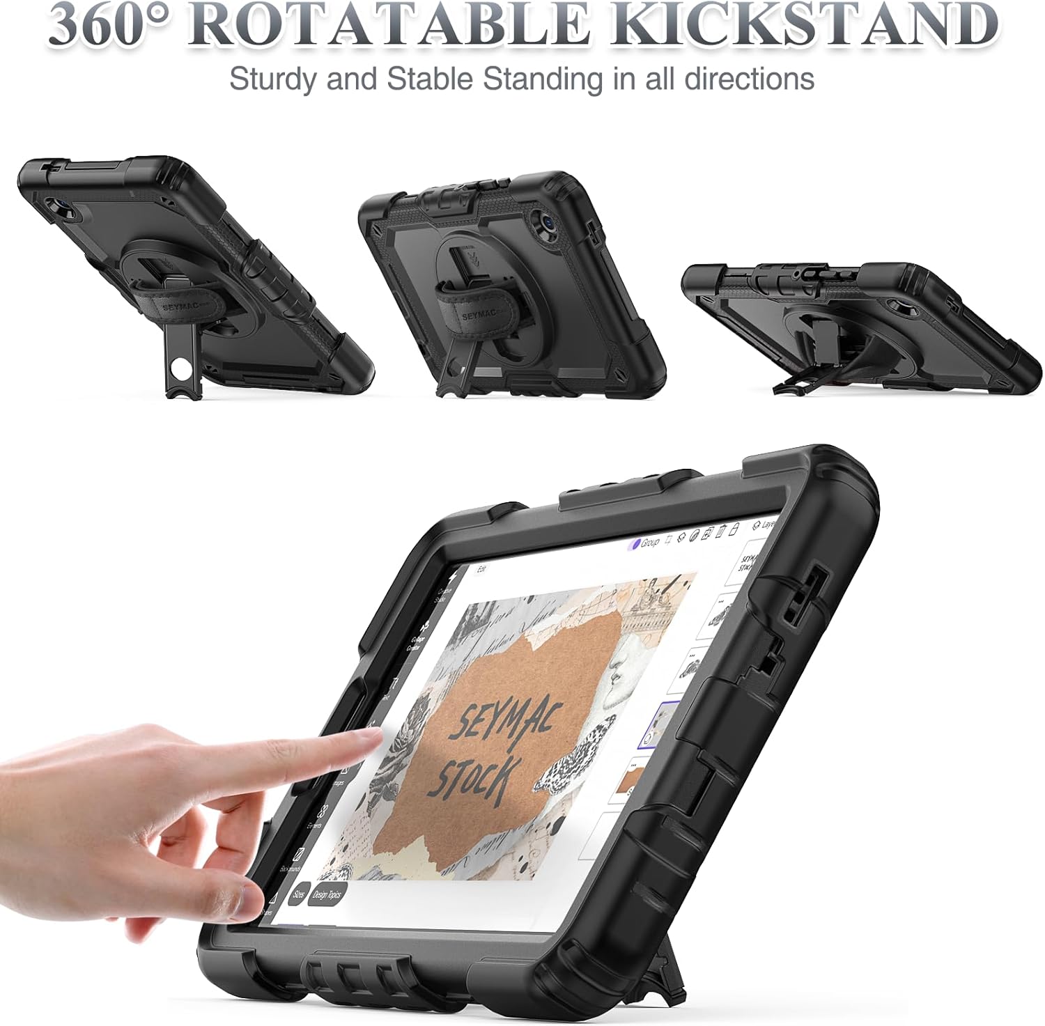 SEYMAC stock Case for Samsung Galaxy Tab A11 8.7'', Full-Body Drop Protection Case with Screen Protector Pencil Holder [360° Rotating Hand Strap] &Stand, Black