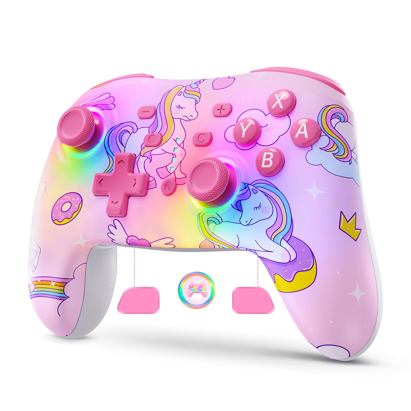 NexiGo RGB Backlit Wireless Controller (No Deadzone) for Switch 2 and Switch, Bluetooth Pro Controller with Programmable Buttons, Vibration, Motion, Turbo, for Switch/PC/Android/iOS (Pink Unicorn)