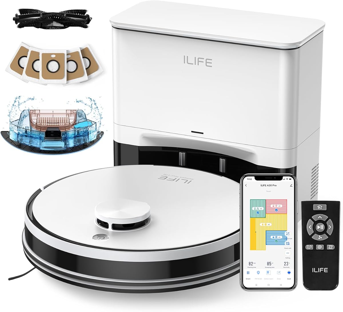 ILIFE A30 Pro Robot Vacuum and Mop, Self Emptying Station for 60 Days, 5000Pa Suction, LiDAR Navigation, No-Go Zones, 2.4G WiFi/App/Alexa/Remote Control, Roller Brush for Carpet, Hard Floors, 110V