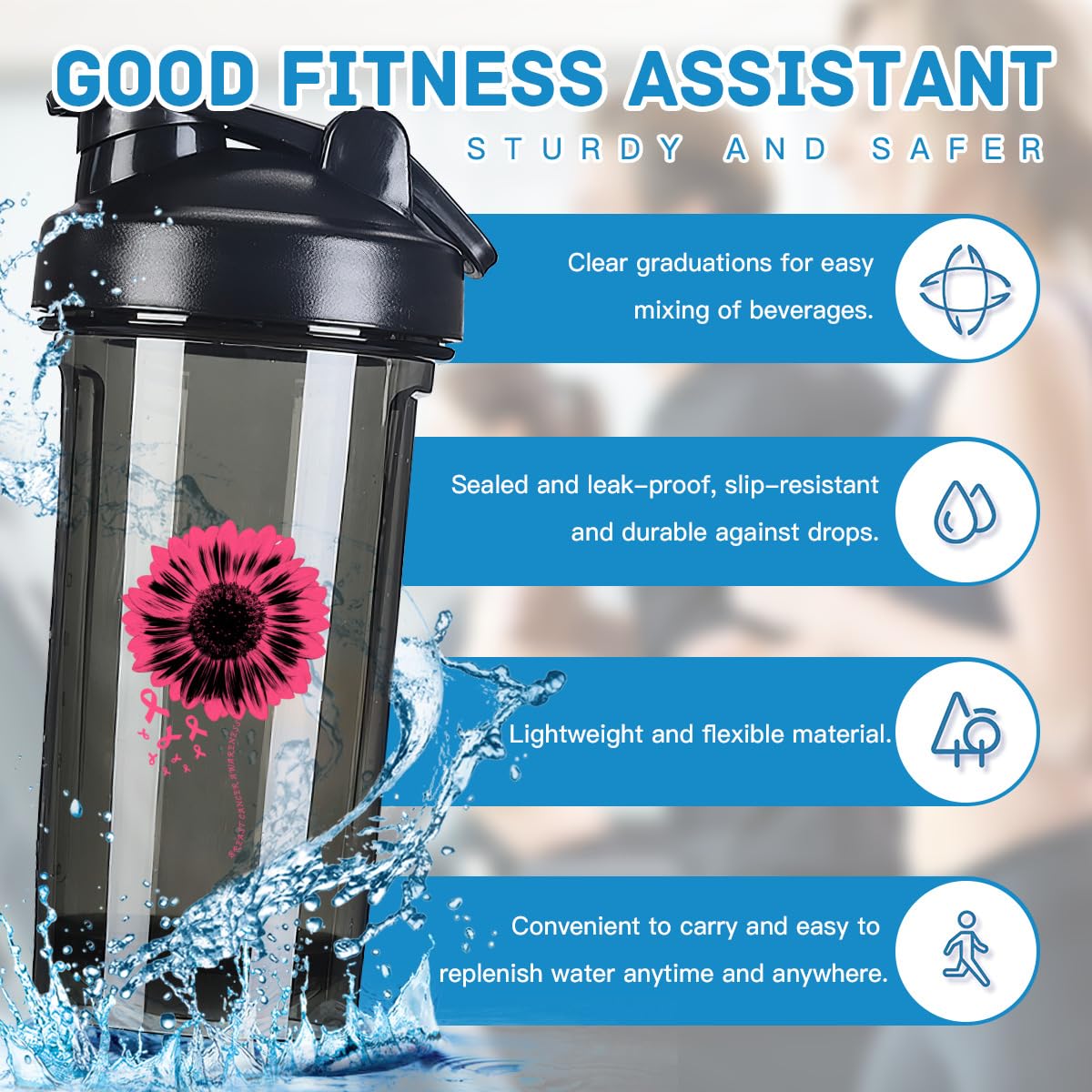 Breast Cancer Awareness 18 Ounce Shaker Bottle Drink Mixer Leak-proof Pre Workout Protein Shakes Meal Replacement Shakes Bottles 500ML/18 Oz Black&-1