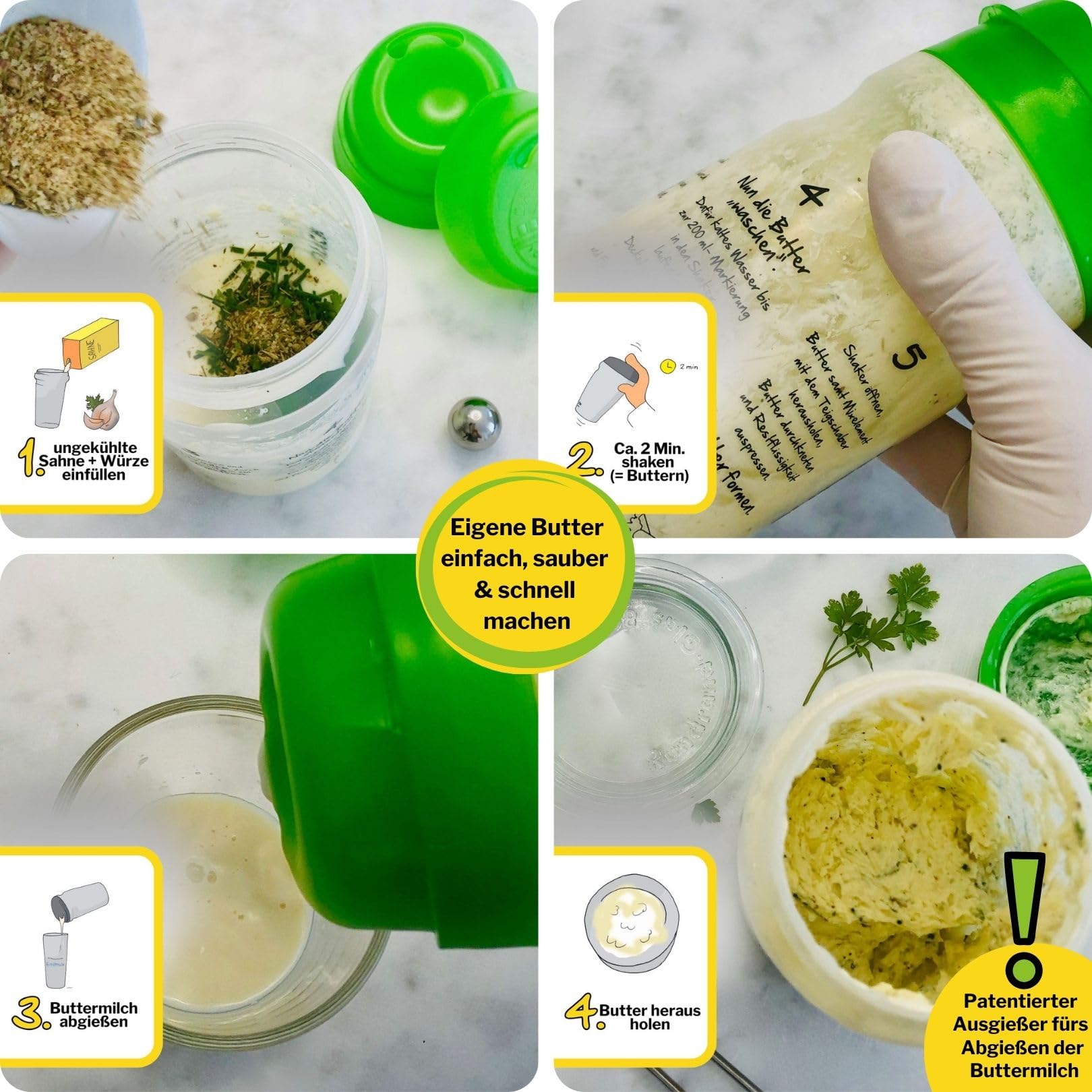 EINSTEIGER-Set für EINFACHES Butter Machen mit dem patentiertem Butter-Shaker (325ml) in GELB + kreativem Rezeptbuch (Verlag Südwest). Viele Neue Rezepte für Butter und Buttermilch