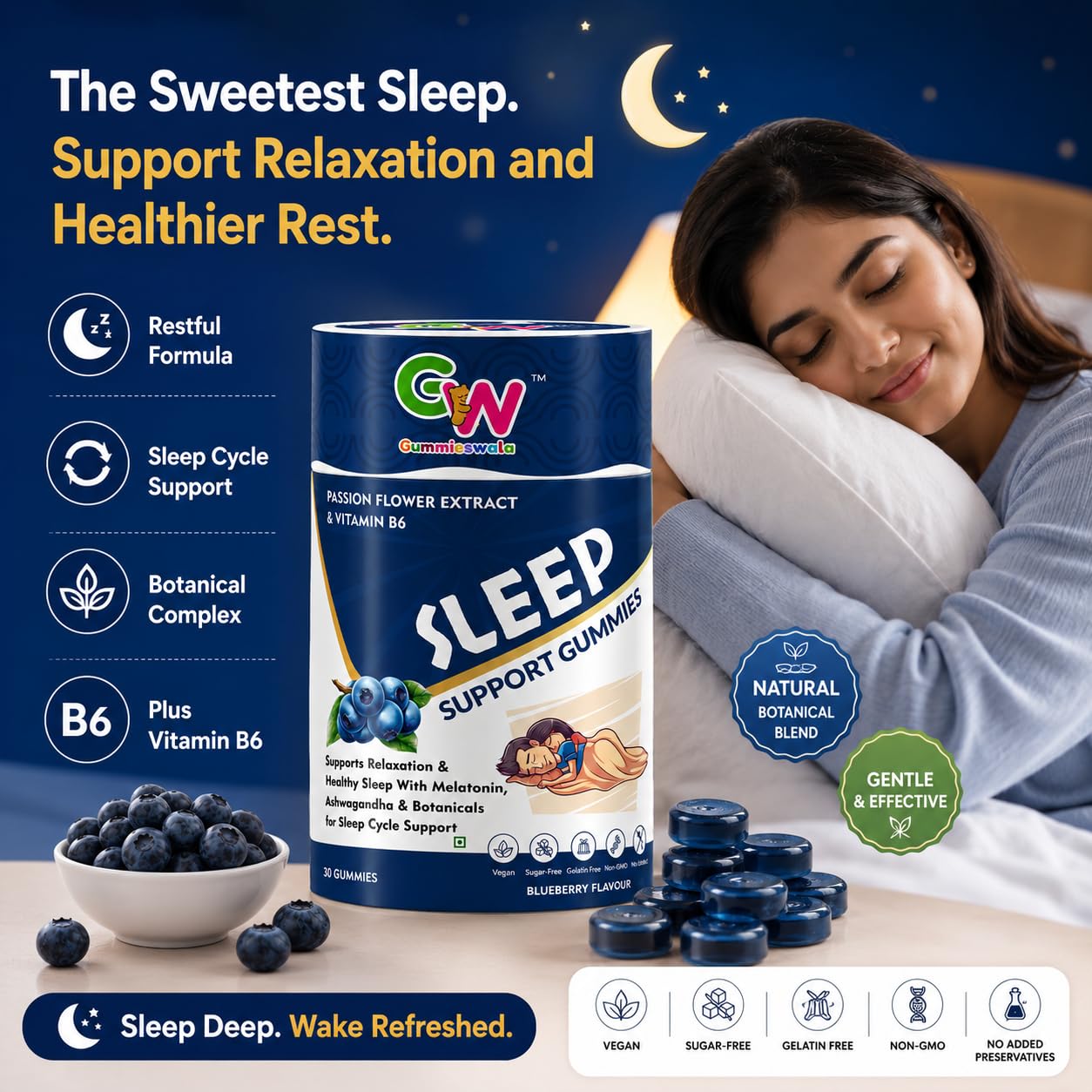 Sleep Support Gummies with Melatonin, Ashwagandha, Chamomile, Valerian Root & Vitamin B6 | Helps Promote Deep Sleep, Relaxation & Calm Mind | Vegan, Sugar-Free, Gelatin-Free | Blueberry Flavour | 30 Gummies — Amazon image 3