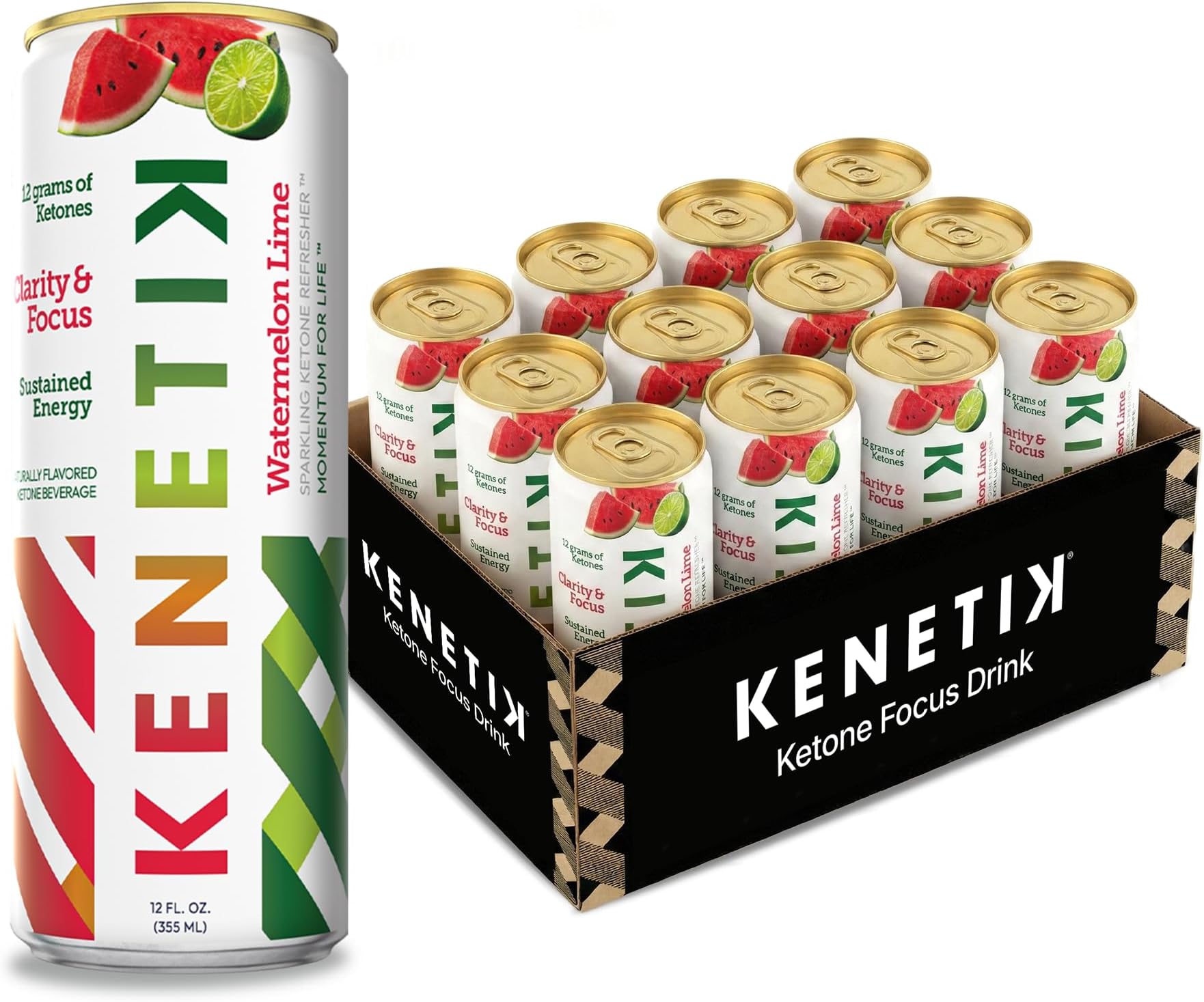NEW! KENETIK Nootropic Ketone Drink, Ketones for Energy & Focus, Caffeine & Sugar Free, High Performance D-BHB Ketone Mix, Fuel w/Zero Crash or Jitters, Ready to Drink - Watermelon Lime 12 Pk
