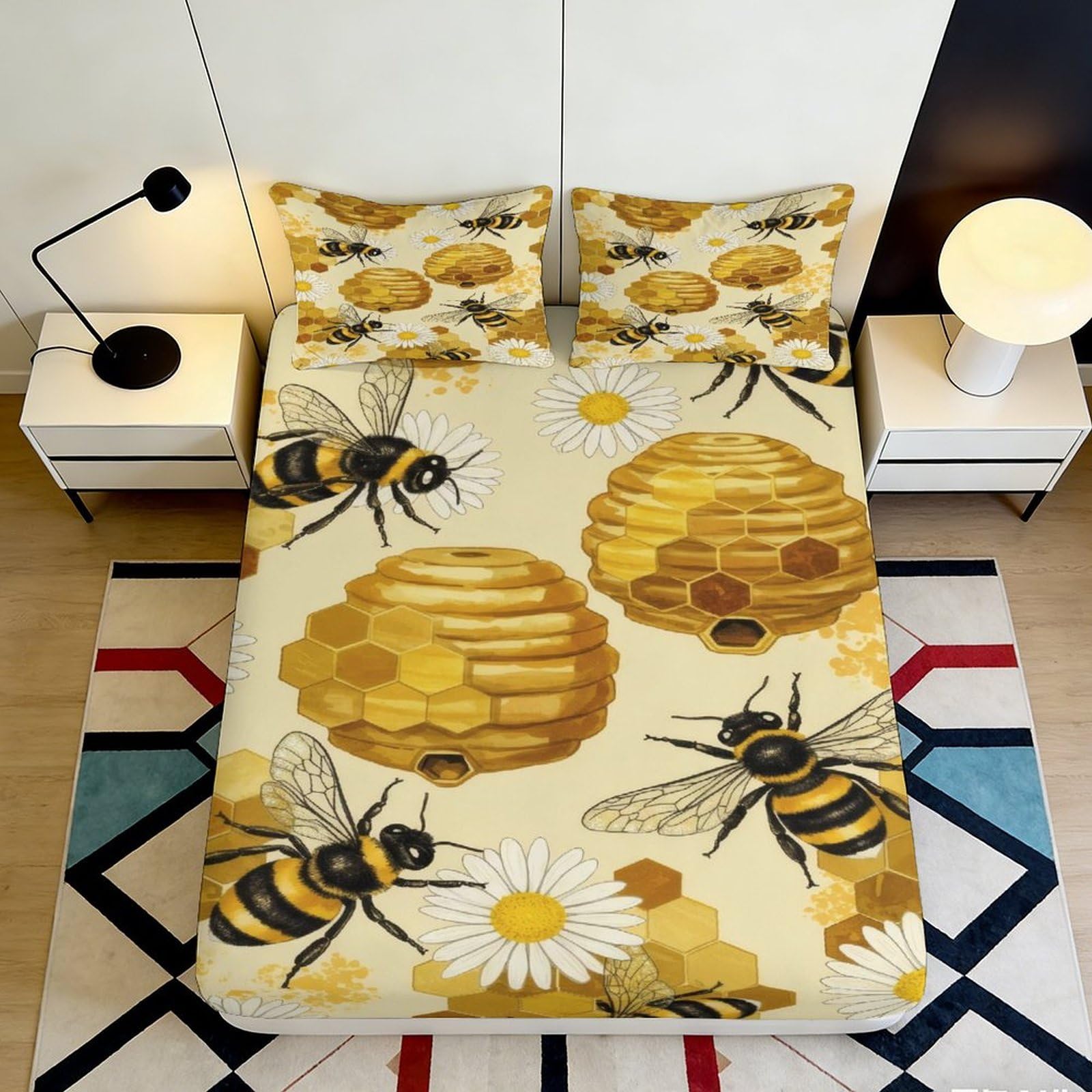 3D Printed Bee Hive Fitted Sheet Microfiber Soft Daisy Bed Cover for Bedroom Guest Room Mattress Protection Decor 90x200x25cm