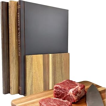 Book Cutting Board Set - Cutting Board Books with Wooden Stand,Acacia Wood Cutting Boards,Labeled Fruits, Vegetables, Meat, Cheese and Bread Chopping Boards Books for Kitchen