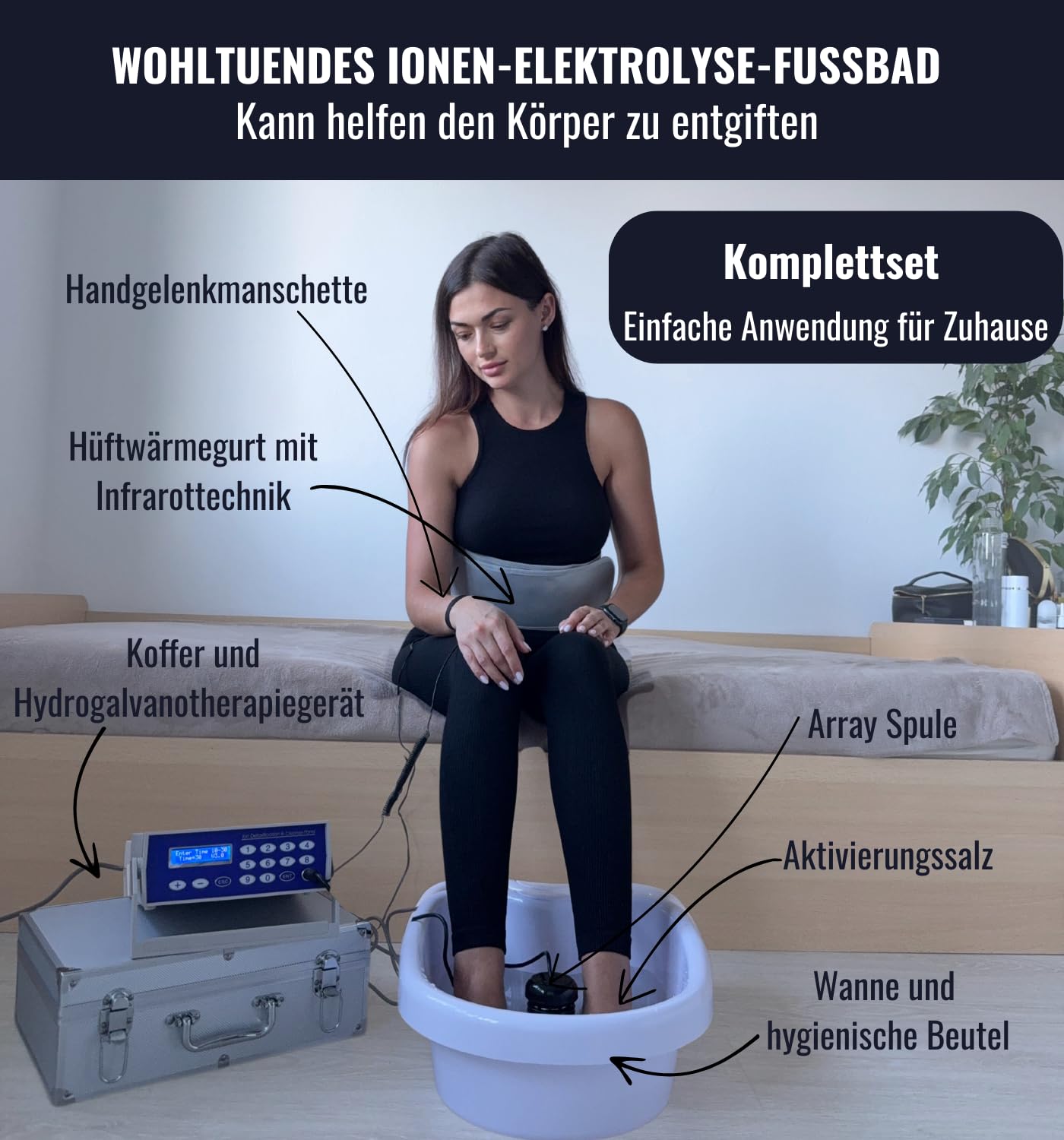Kit Détox Ionique Premium avec électrolyseur, pédiluve, ceinture infrarouge, écran digital, mallette aluminium