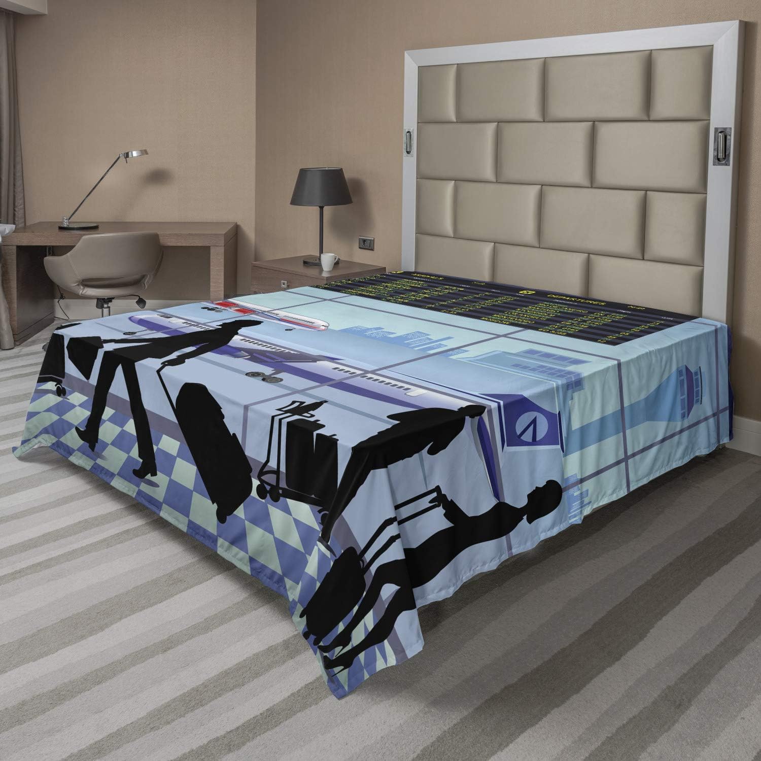 Ambesonne Airport Flat Sheet, Planes and Flight Board with Silhouette of Passenger People Terminal Cartoon, Soft and Comfortable Top Sheet Decorative Bedding 1 Piece, Full Size, Multicolor