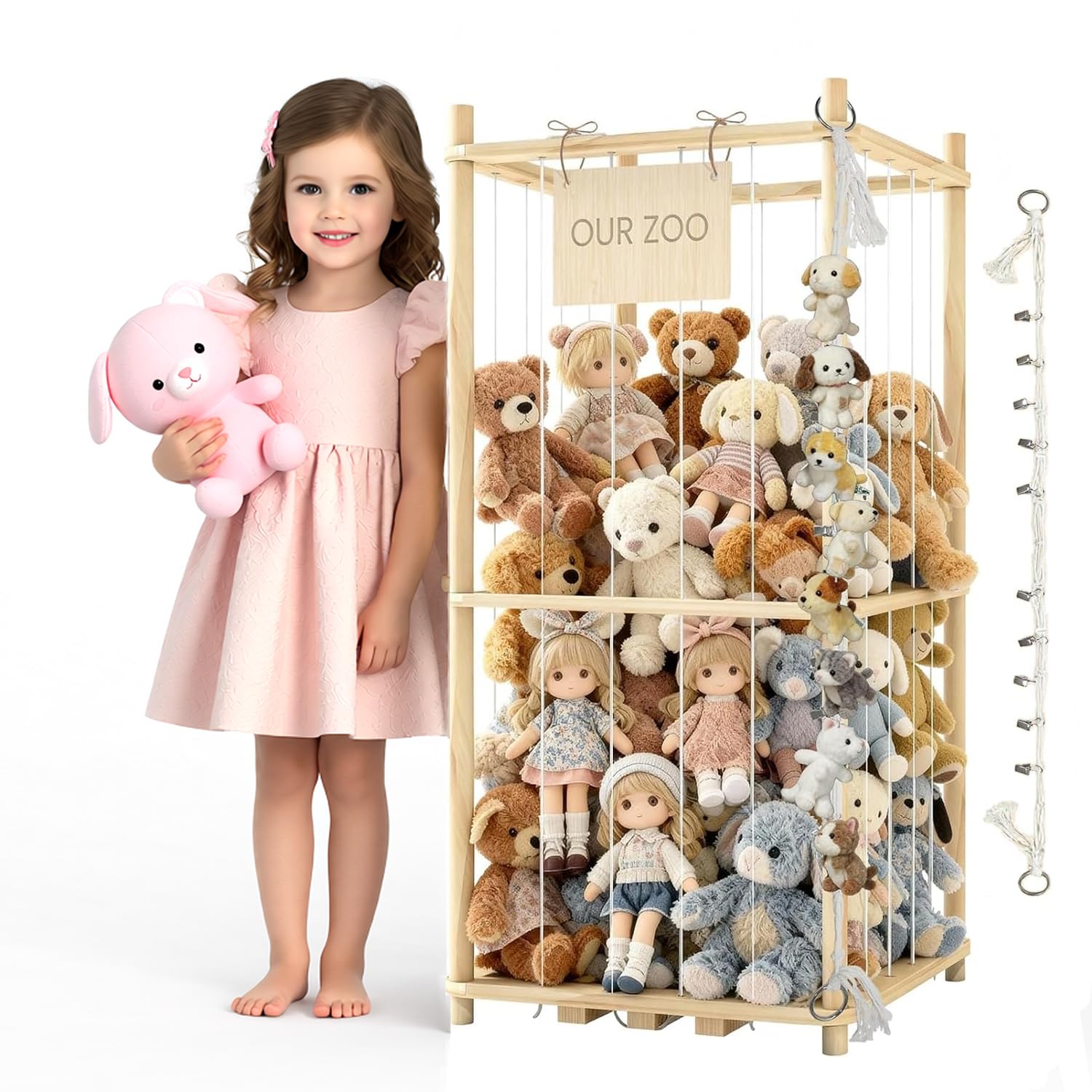 JINDUN Kuscheltier Aufbewahrung Aus Holz, 95cm Höhe Aufbewahrung Kuscheltiere, mit Stofftier AufbewahrungHängend, für Kinderzimmer/Wohnzimmer