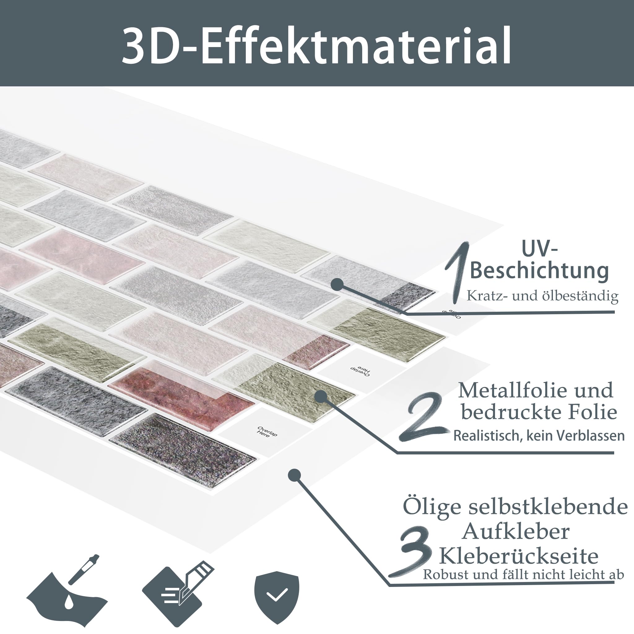 HENGMEI Adhesivos para azulejos Cocina Pegatinas 3D Autoadhesivas Película adhesiva para azulejos Adhesivo de pared para Baño Techos de cocina, 30 hojas, Tipo M