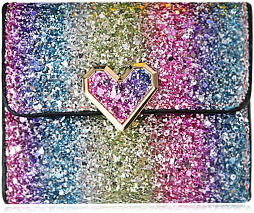 Rmcxly Multicolor Metal Sequins Small Wallet PU Leather Patchwork Hasp Mini Wallet for Women and Purses Money Wallet Card Bag Coins Bag (Heart button), Large