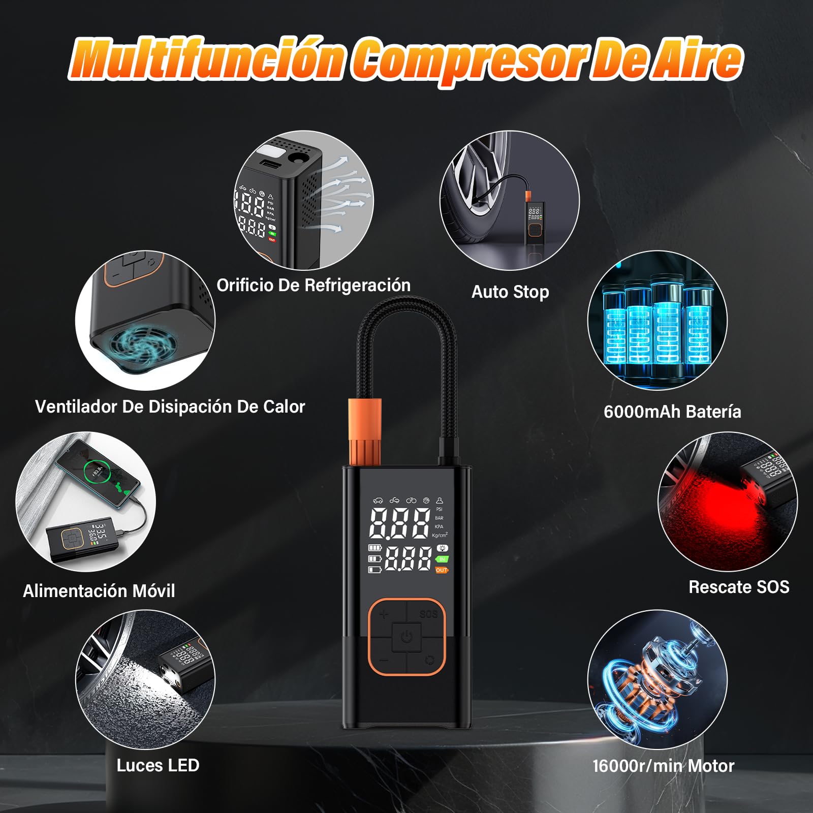 Compresor de Aire Portátil para Neumáticos 150 PSI 7.4V – Bomba de Aire Inalámbrica Digital con Batería 1800mAh×2, Presión Preestablecida, Luz LED para Coche Moto Bicicleta Balones Viajes