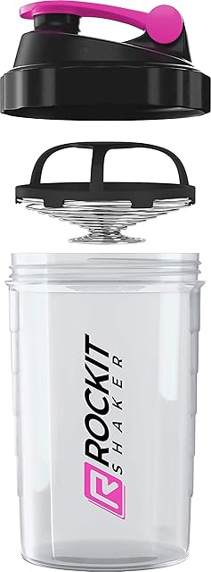 Rockitz Shaker Premium Protein Shaker 500 ml  doskonała funkcja mieszania z sitkiem do infuzji  do super kremowych szejków fitness, białkowych shake'ów, shake'ów proteinowych, przezroczysty, różowy