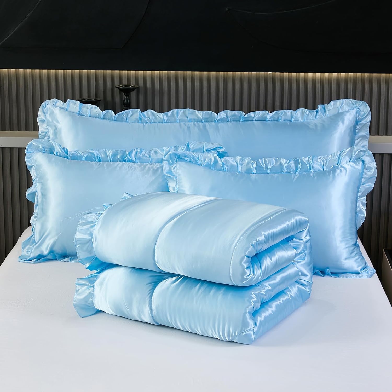 Satin Queen Comforter Silk Like Baby Blue Bedding 4 Pcs Hotel Soft Polyester Bed Set Luxury Silky Body Pillow Cover Ruffle Home Decor