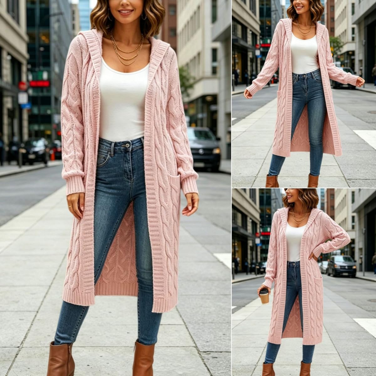 Gilet Long À Capuche pour Femme Manches Longues Grosse Maille Ouvert sur Le Devant Pull Décontracté Veste Unie Idéale pour La Mi Saison Automne Hiver et Le Quotidien.