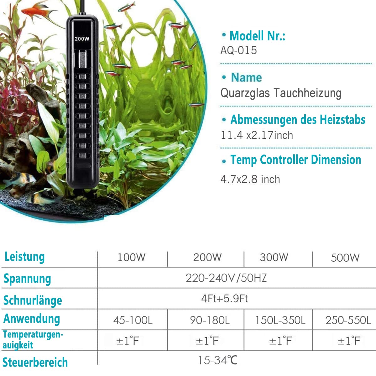 Fish Tahk-verwarmer, Automatische Onderwater-aquariumverwarmer met