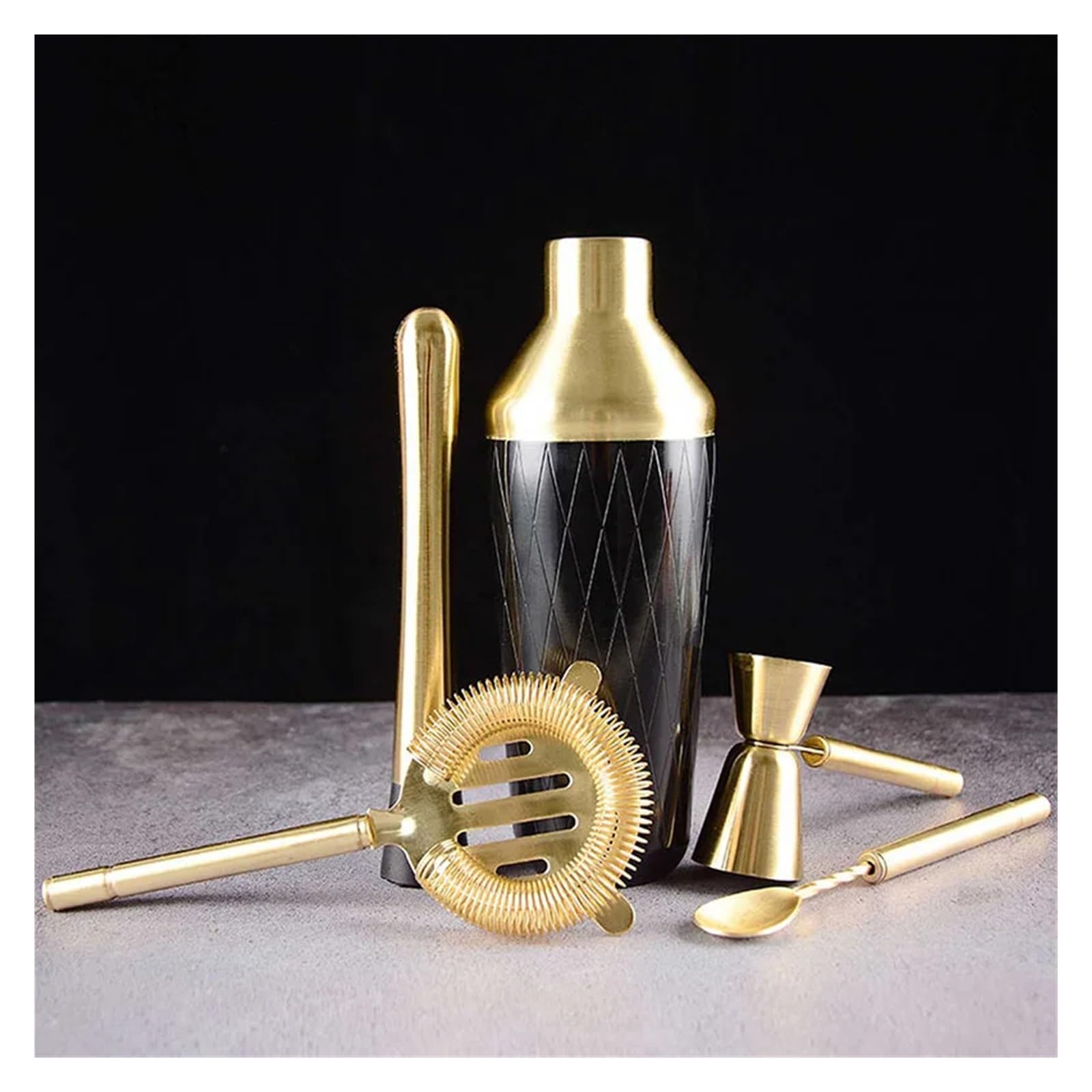 Compatible con Juego de coctelera Accesorios, Kit Martini medidor y Cuchara mezcladora, colador mortero(Gold Plated)