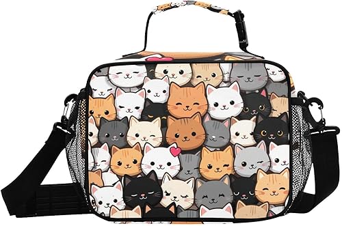 Miniatura 8 de Kcldeci Linda bolsa de almuerzo con diseño de caricaturas de gato con diseño de garabatos, bolsas de almuerzo aisladas, lonchera reutilizable, bolsa