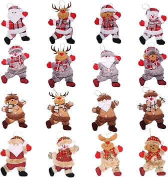 16 Pcs Plush Christmas Ornaments Set, Multi-colored Christmas Tree Pendants Santa Claus Snowman Bear Reindeer Hanging Decor