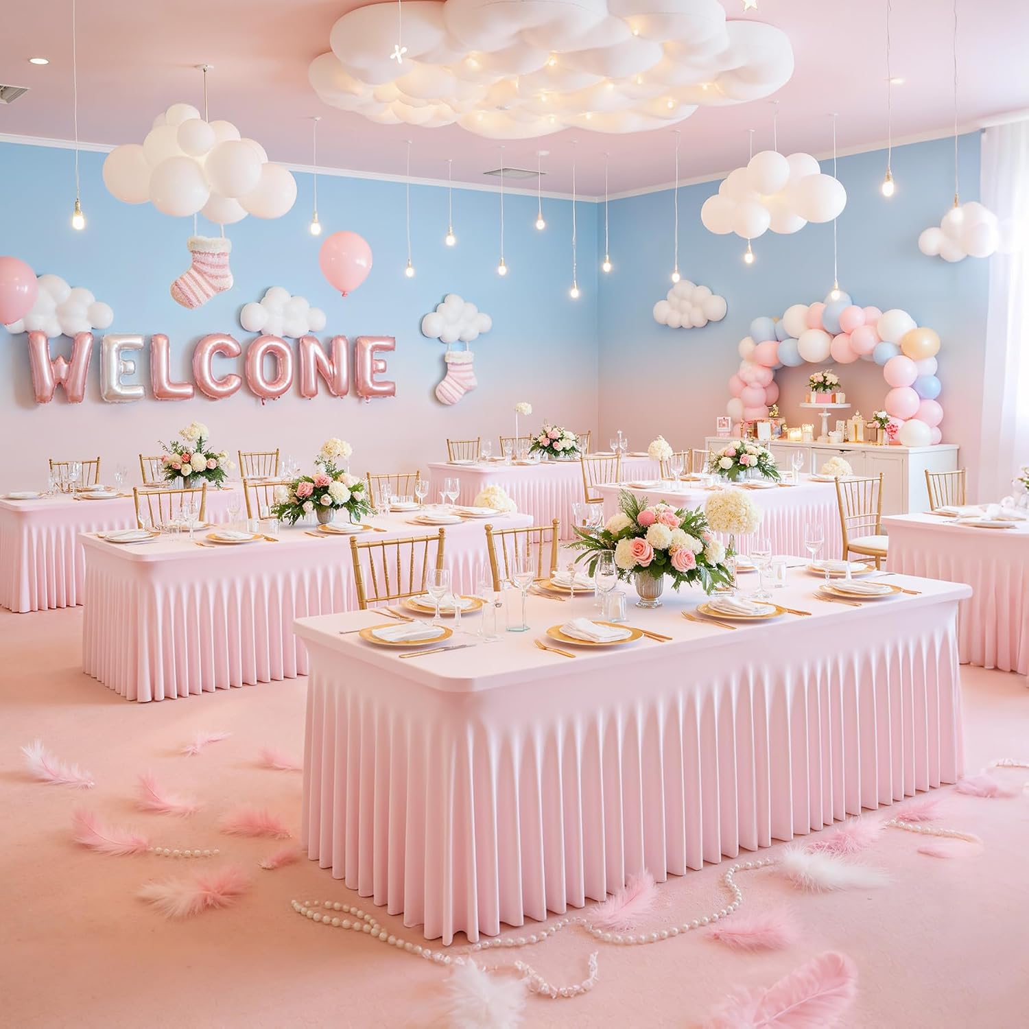 Baby Pink Table Cloth for 6 Foot Rectangle Tables Fitted Stretch Spandex Table Cover with Skirt 6ft Baby Shower Birthday Party Banquet Ruffle Light Pink Tablecloth Wedding Table Cloths Desk Skirt