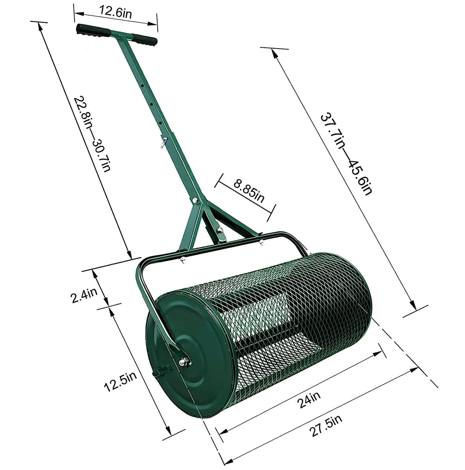 Metalowy wałek do trawnika, 60 cm, wytrzymały rozrzutnik murawy do nawozu, ściółki i nasion, regulowany uchwyt w kształcie litery T dla łatwego manewrowania ogrodem i podwórkiem, idealny do