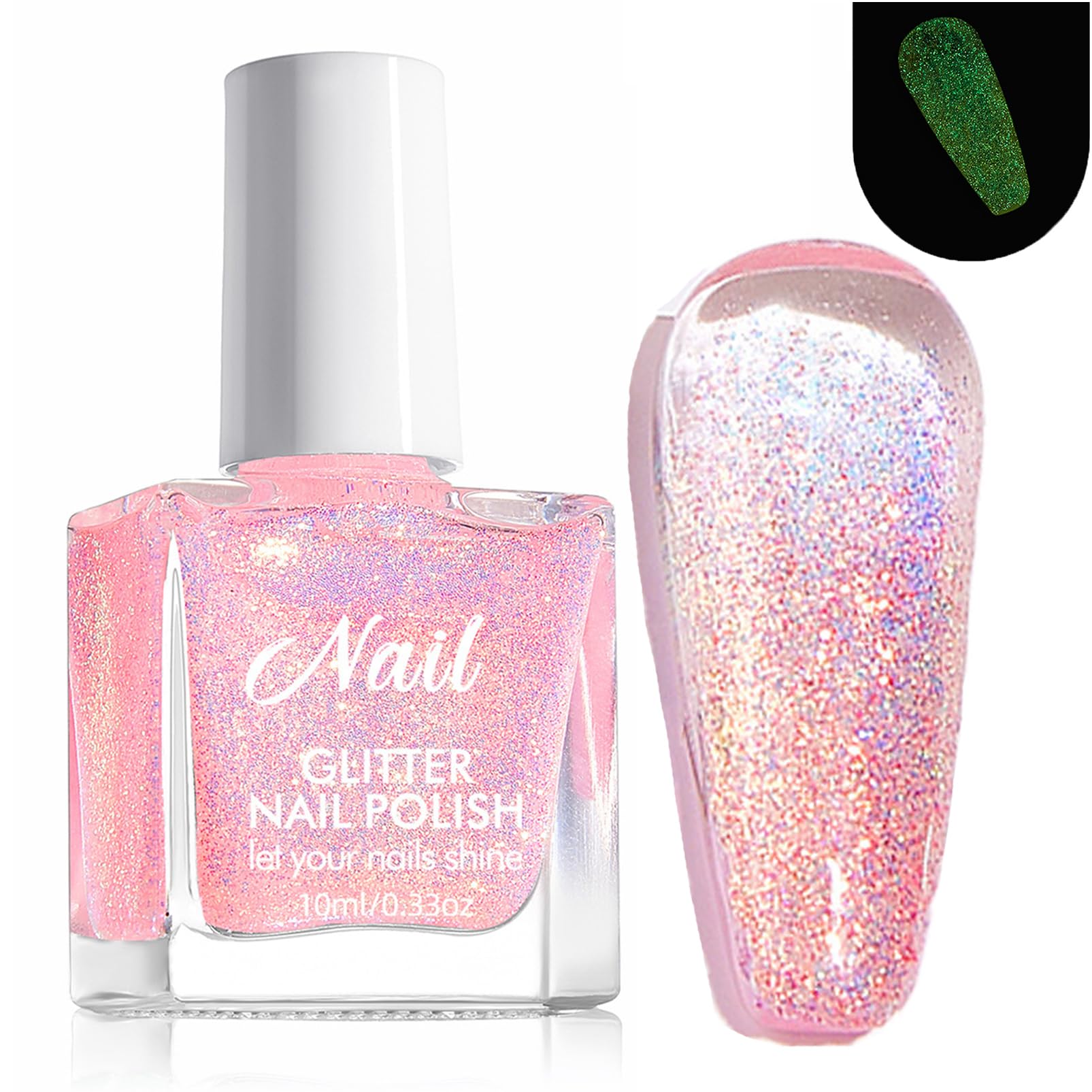 Glitter Nail Varnish - Pink, Water-Based Quick Dry & Long Lasting Nail Polish, No Bake No Chip Breathable Polish for Women Girls DIY Home Manicure (10ml)