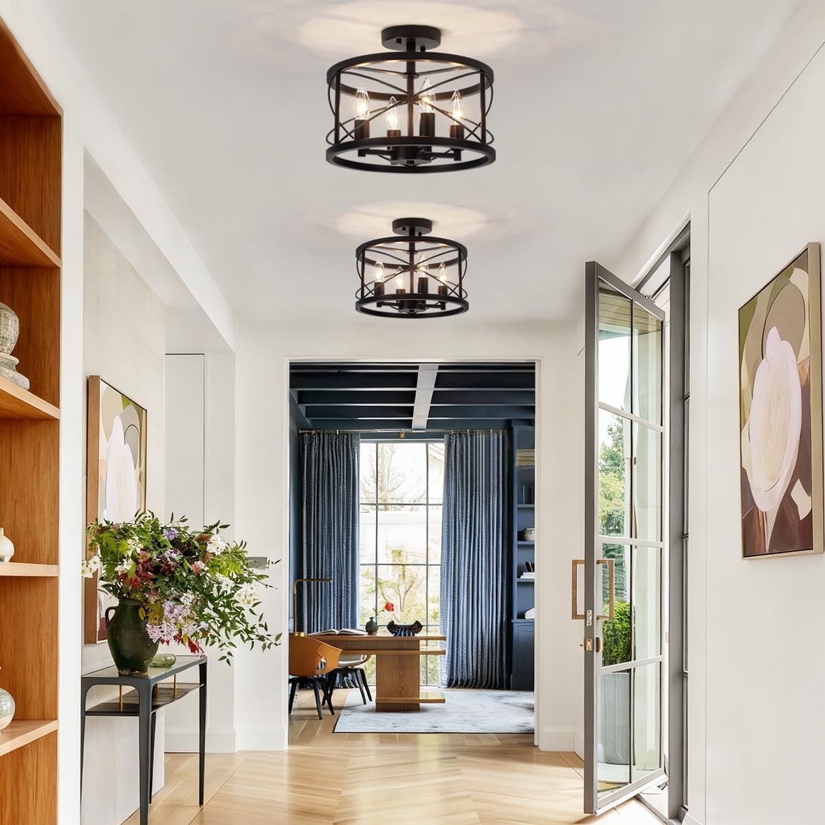 Black Semi Flush Mount Ceiling Light, 4-Light Farmhouse Modern Ceiling Light Fixture, Hallway Light Fixtures, Kitchen Lights, Ceiling Lamp for Entryway Bedroom Laundry Dining Room Lighting Fixtures