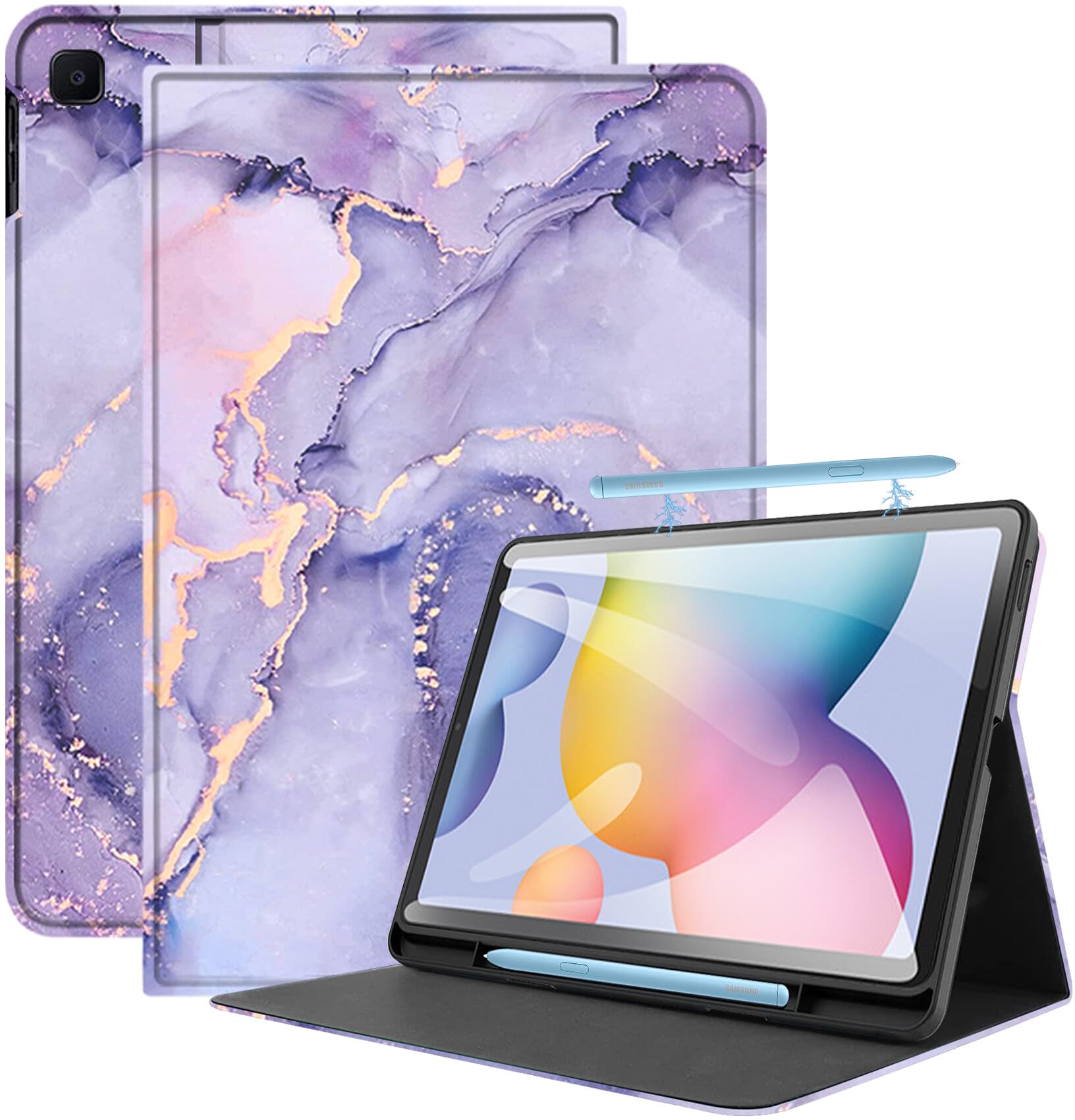 Cover for Samsung Galaxy S6 Lite Tab Cover 10.4 inch Flip Stand Case Cover for Samsung S6 Lite Tablet Cover with S Pen Holder - Marble Lilac