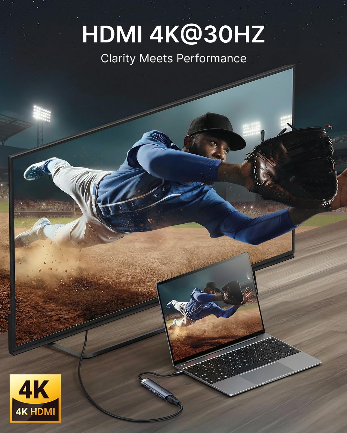 Laptop connected to a 4K monitor via VENTION 6-in-1 USB C Docking Station.