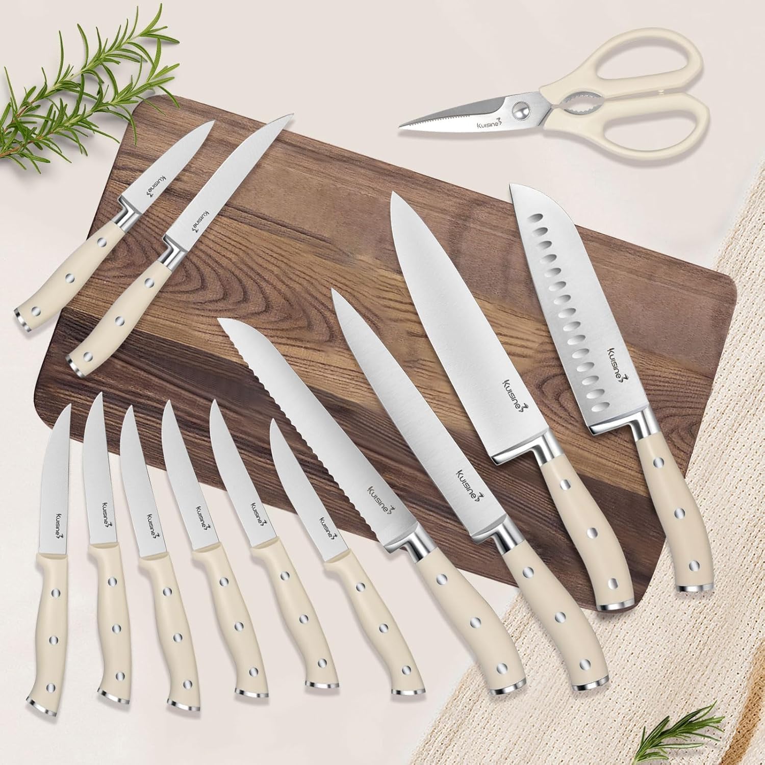 Kuisine Premium Chef Knife Set,High Carbon Stainless Steel Razor-Sharp Blade Ergonomic Handle,Knife Block Set with Built-in Sharpener,Elegant Gift for Holiday(Ivory Pro Acacia,15PCS)
