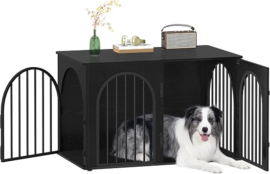 Hzuaneri 39.4" Wooden Dog Crate Furniture, Indoor Dog Kennel Dogs Cage for Small/Medium/Large Dogs, Heavy Duty Dog Crates Decorative Pet House End Side Table TV Stand, Black DFC84104B