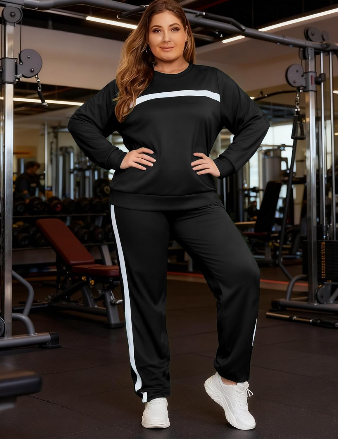 Bealin Women's Plus Size Two Piece Outfits For Women Striped Long Sleeves Sweatsuits Tracksuit Jogger Sets - Image 2