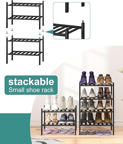 Vista 112 de Zapatero de bambú de 5 niveles para entrada, apilable plegable Natural, organizador de zapatos para armario de pasillo, zapateros de pie
