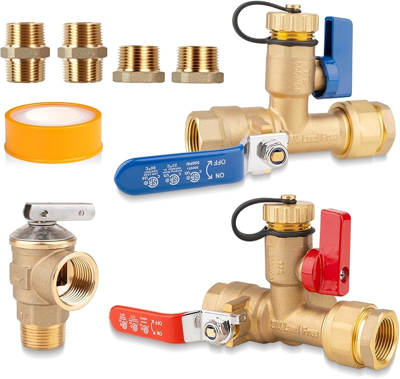 Tankless Water Heater Valve Kit, PRV 3/4"-1/2" NPT | 8pcs All-Brass Flushing & Installation Set for DIY or Pro Use in Garage, Basement, Pressure Relief Valve (3/4" to 1/2" NPT)