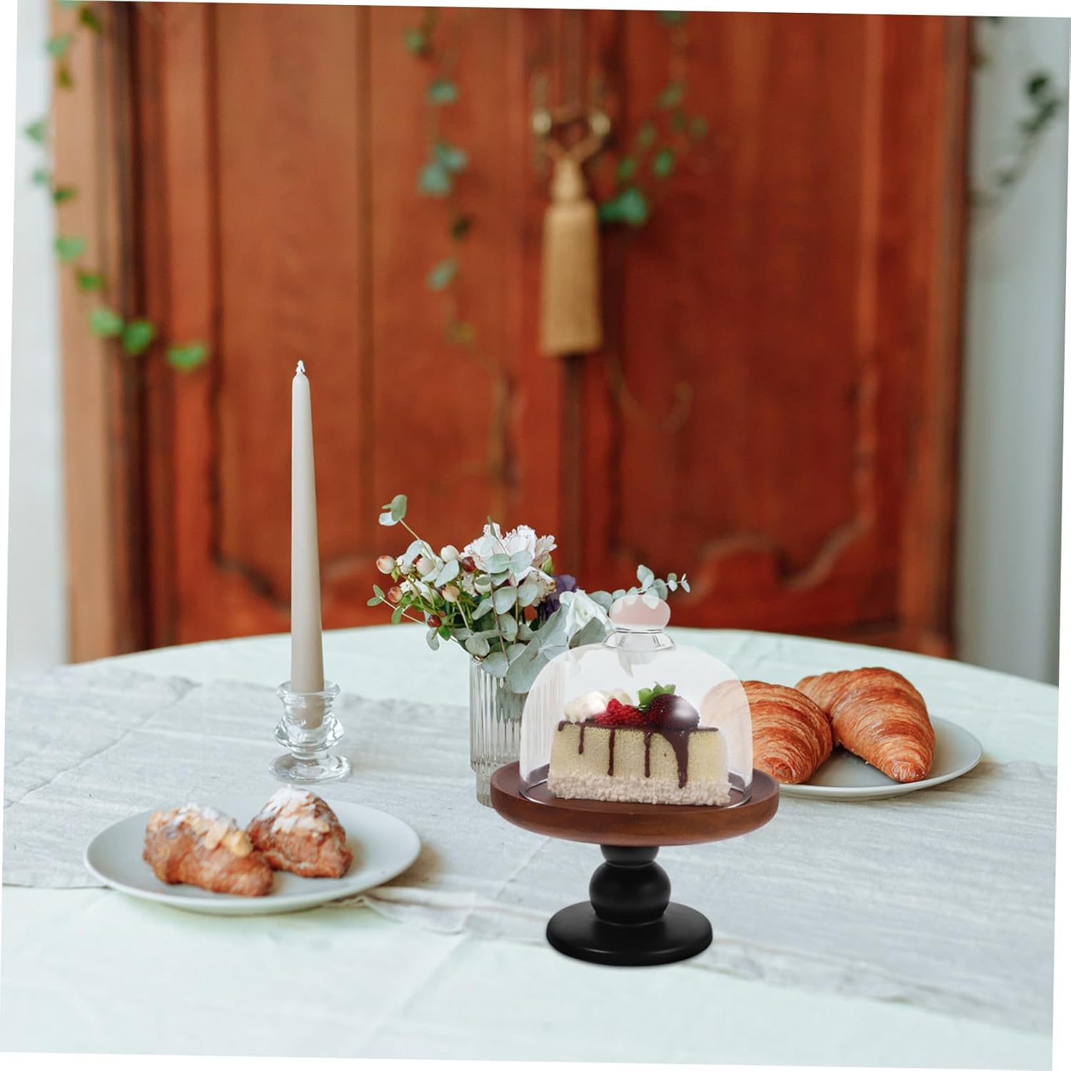 Zerodeko Rustic Acacia Wood Cake Stand with Glass Dome and High Footed Pedestal Versatile Display for Cakes Pastries Fruits and Appetizers Vintage Style Dessert Server with Protective Cover
