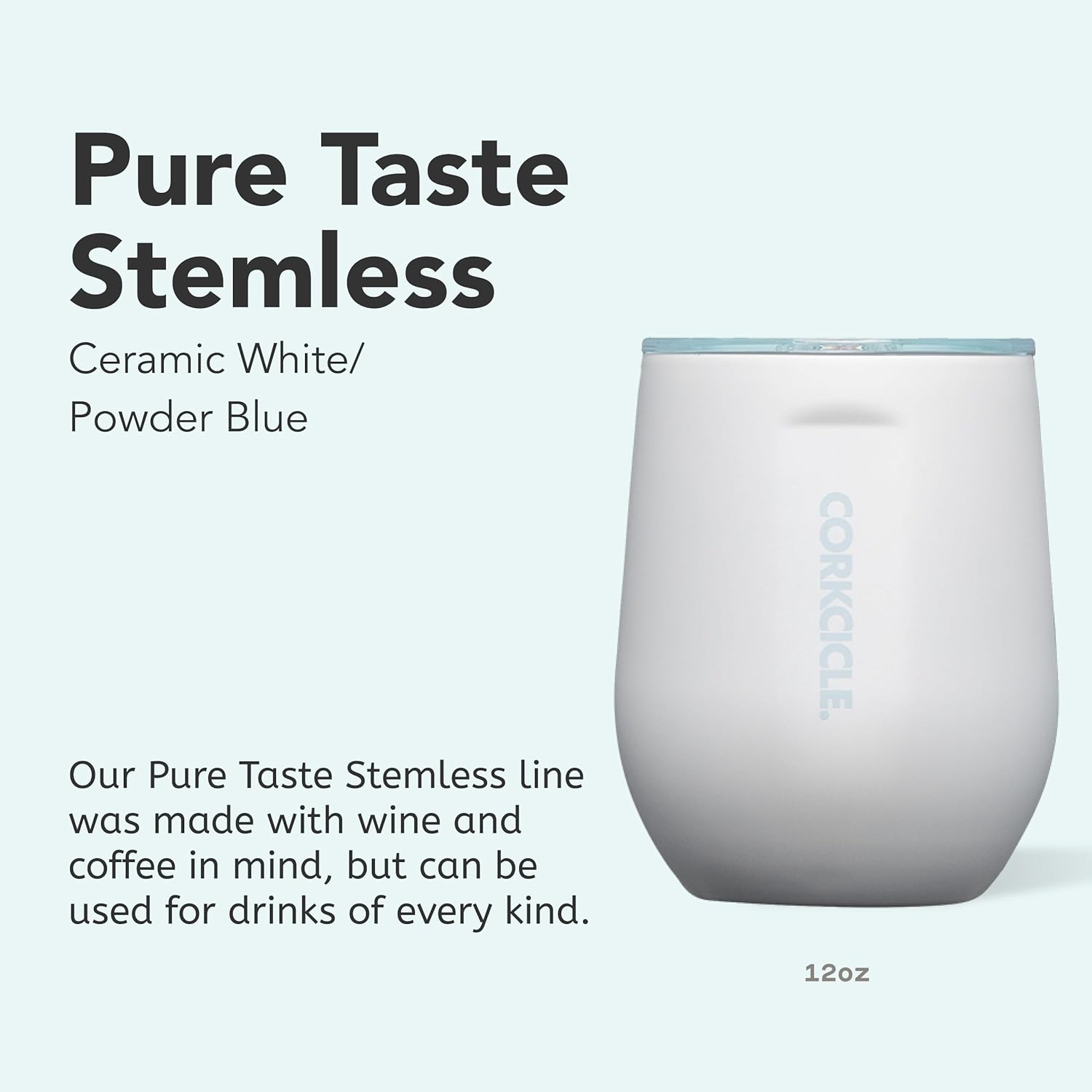 Corkcicle Pure Taste Stemless Insulated Wine Glass Tumbler - Keeps Beverages Cold 6 Hours & Hot 3 Hours - Stainless Steel - Easy-Grip - Summer Drinkware Gift - 12 oz - Ceramic White/Powder Blue - Image 2