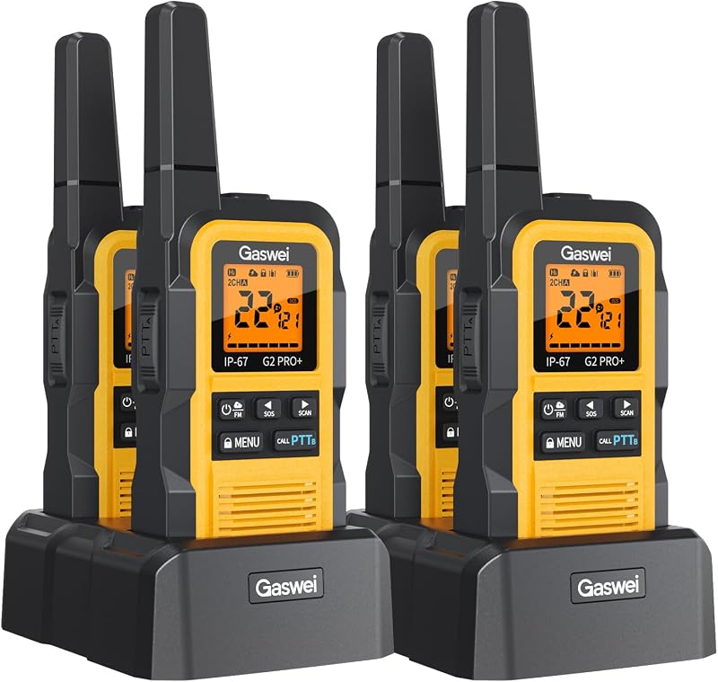 Walkie Talkies Gaswei G2Pro+ de alta resistencia Radios bidireccionales impermeables IP67 con alerta meteorológica NOAA y flotante | 2 vatios de largo alcance para lugares de trabajo y caza | PTT dual, radio FM, SOS, VOX (paquete de 4)