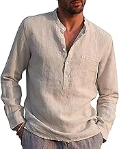 Rodawu Mens Linen Shirts Long Sleeve Casual Cotton Summer Beach Henley Shirt Tops