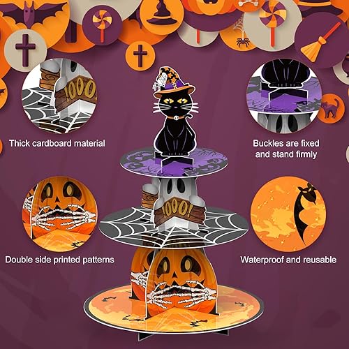Miniatura 3 de Cinrobiye Soporte para cupcakes de 3 niveles de Halloween, colorido, cartón, ideal para mostrar postres, adecuado para decoración de fiesta de
