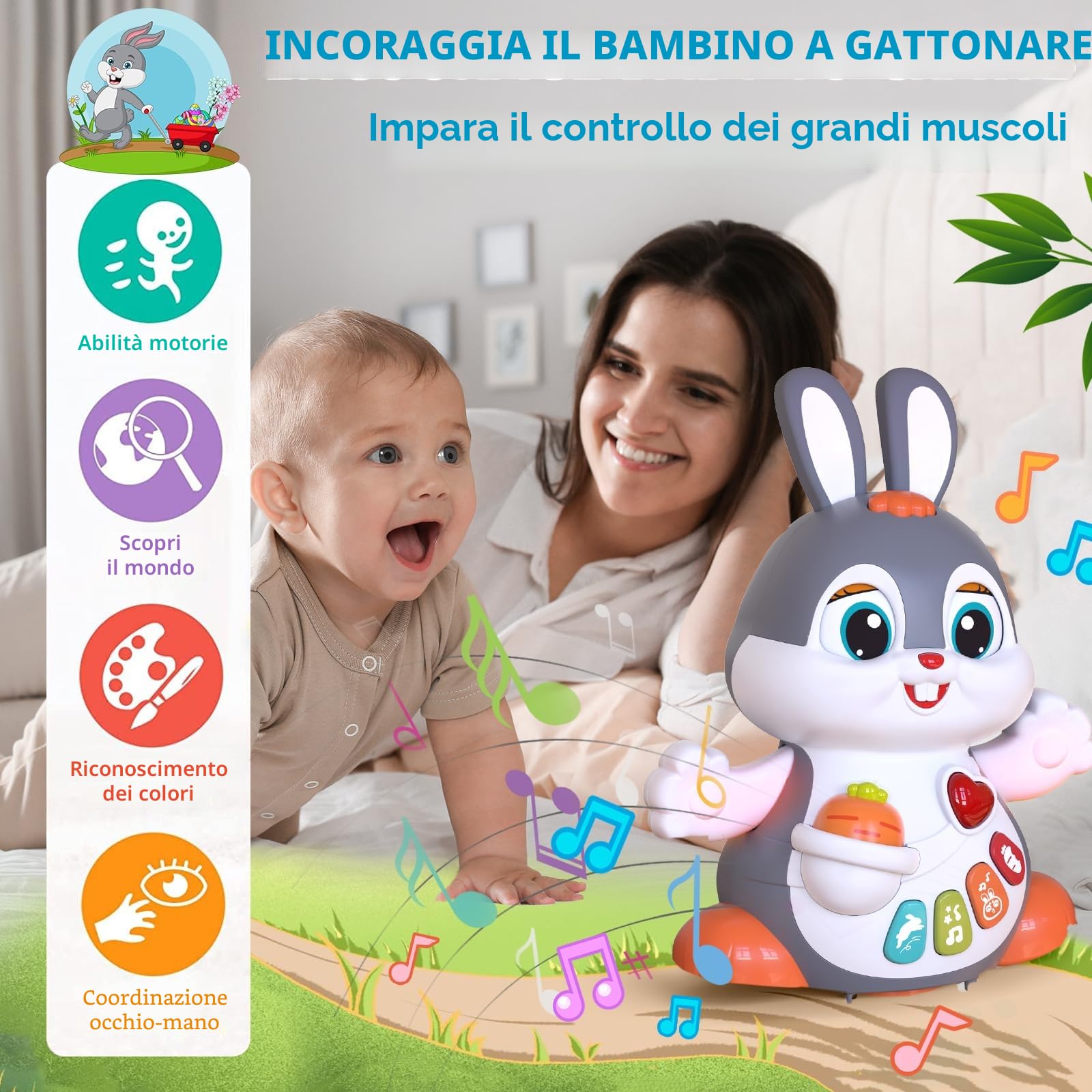 MOONTOY Giochi Musicali per Neonati, Coniglio Strisciante Interattivi con Musica e Luce,Natale Regalo Bambini 1 2 Anni 6 7 8 9 10 11 12 18 Mesi (HA9991)