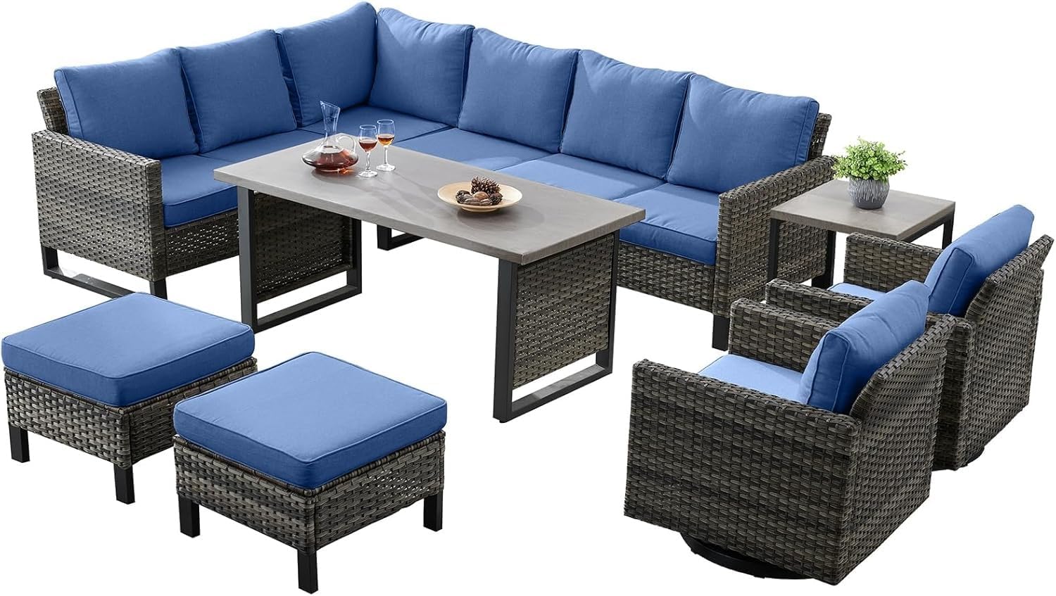 Patio Sectional Furniture Set with Coffee Table 8 Pieces Wicker Patio Conversation Sets with L Shaped Sofa Outdoor Swivel Glider Rocker Rattan Ottomans for Backyard Porch(Blue)