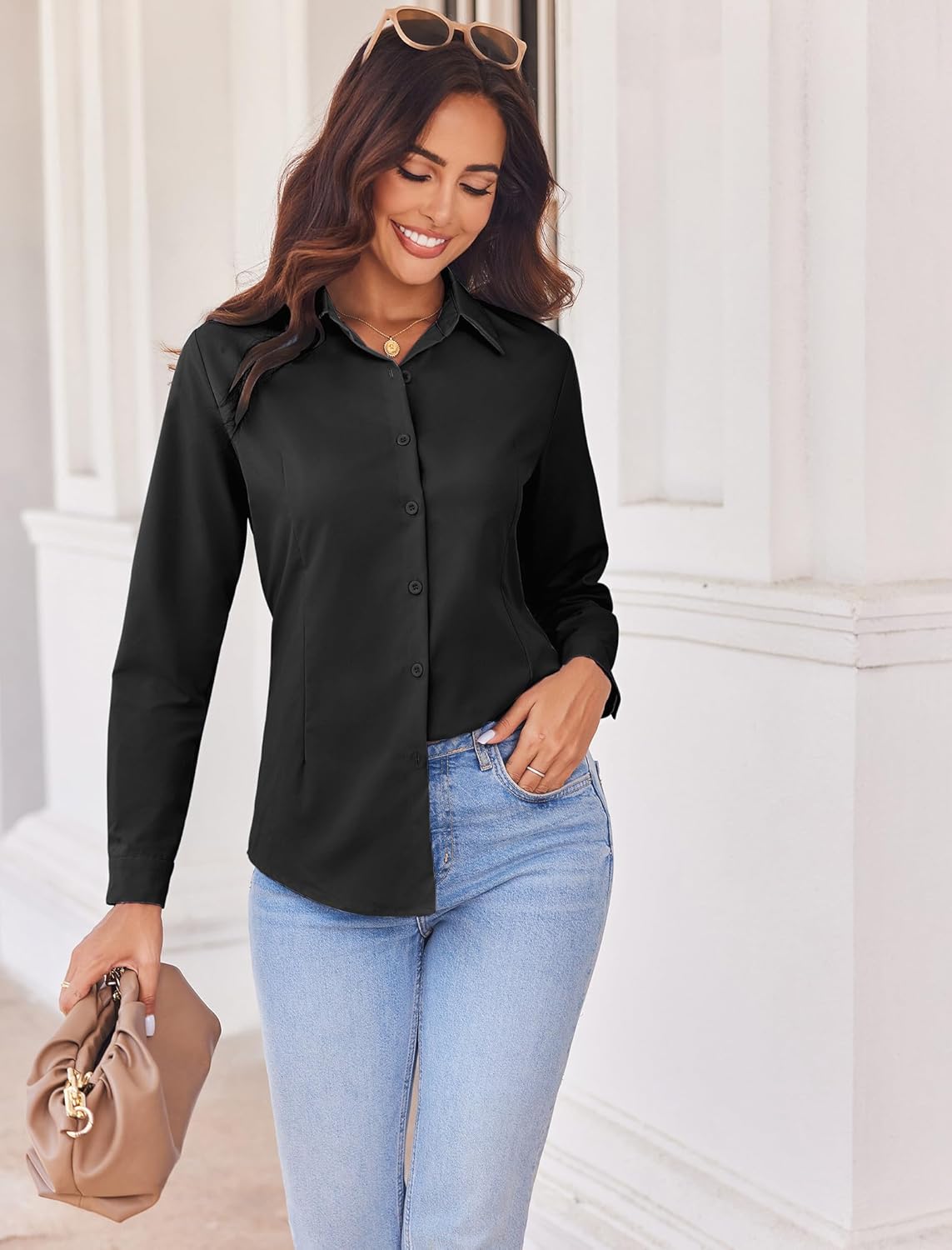 HOTOUCH Button Down Shirts for Women Long Sleeve Dress Shirt Restaurant Button-Up Shirt Slim Fitting Blouse XXL Black - Image 5