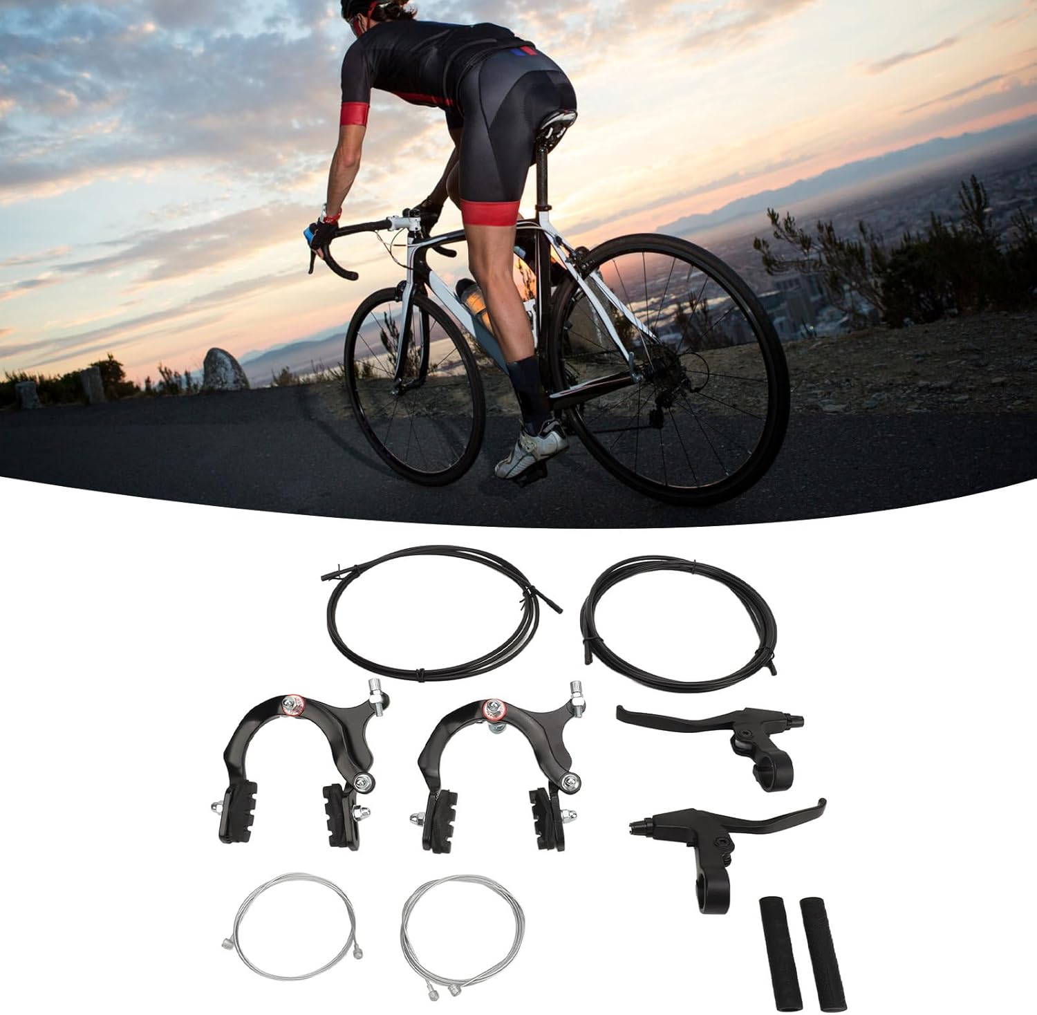 Bike Brakes Calipers Road Bike C Shape Brake, Aluminum Alloy Bicycle Brake Lever and Cable Set, Complete Front Rear C Type Replacement Kit with Housing for and Road
