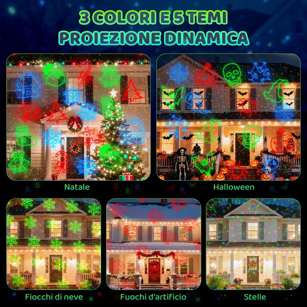 OUSFOT Proiettore di Natale esterno, 3 colori rosso, verde, blu, proiettore laser con telecomando e tempistica, 5 carte con Natale, Halloween, festa, festa, punto laser, regalo per festival