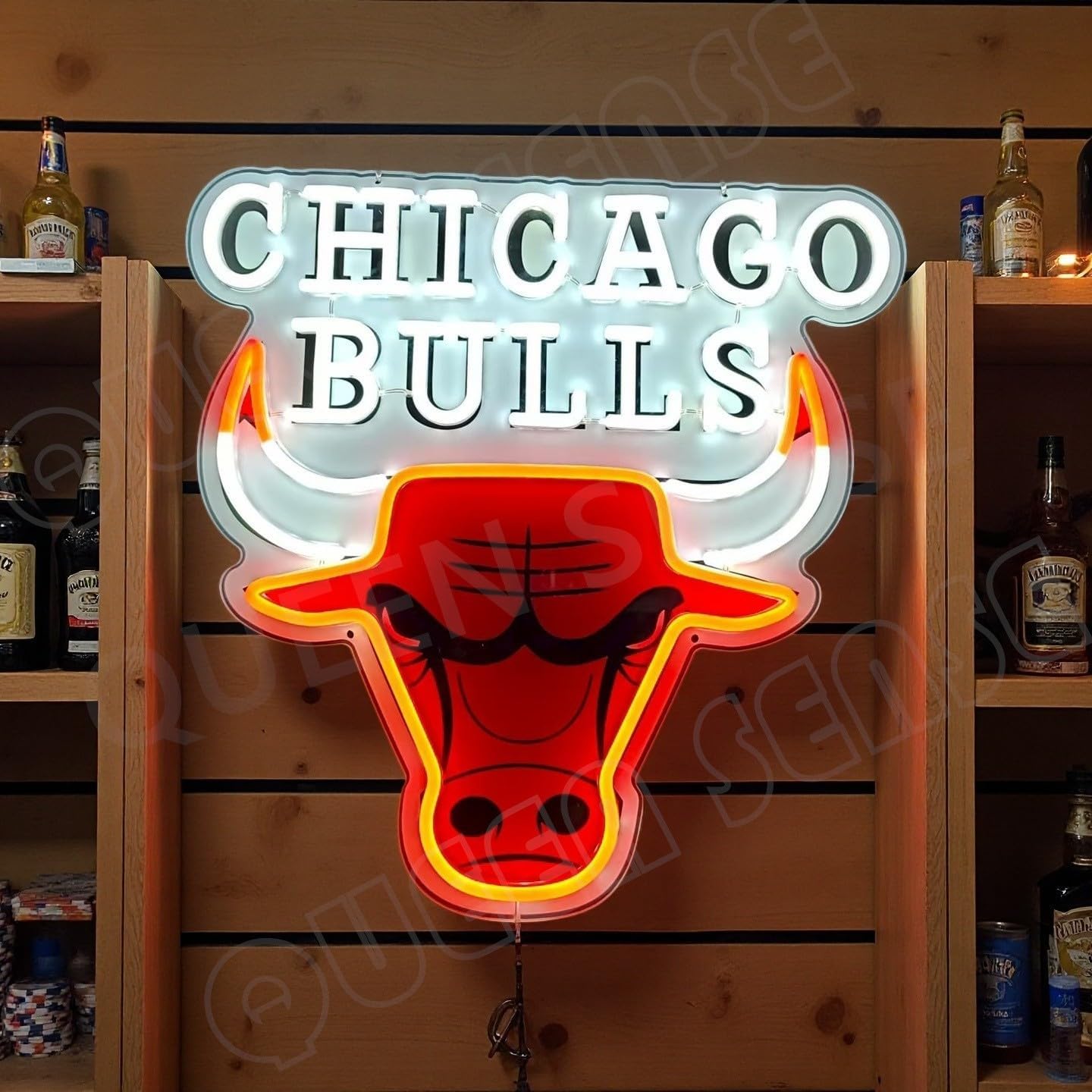 Queen Sense 16"x16" for Chicago Sports Bull LED Neon Sign for Wall Decor USB Powered Dimmable Neon Light BH1370