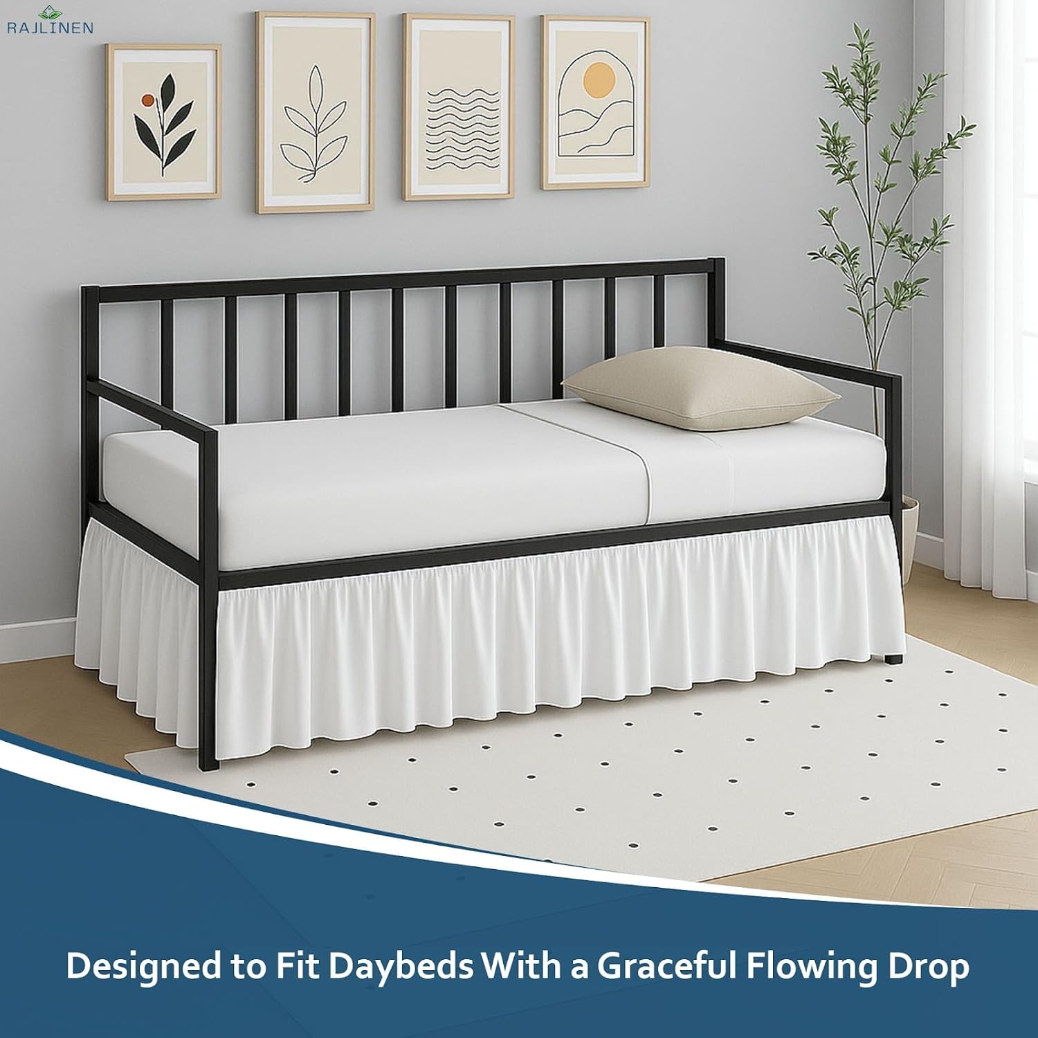 Rajlinen Full Daybed Skirt, Ruffled 16 Inch Drop with Split Corners, 100% Microfiber, Easy Fit Dust Ruffle for Day Bed with 3-Side Coverage, Soft Decorative Classic Platform Fit, White