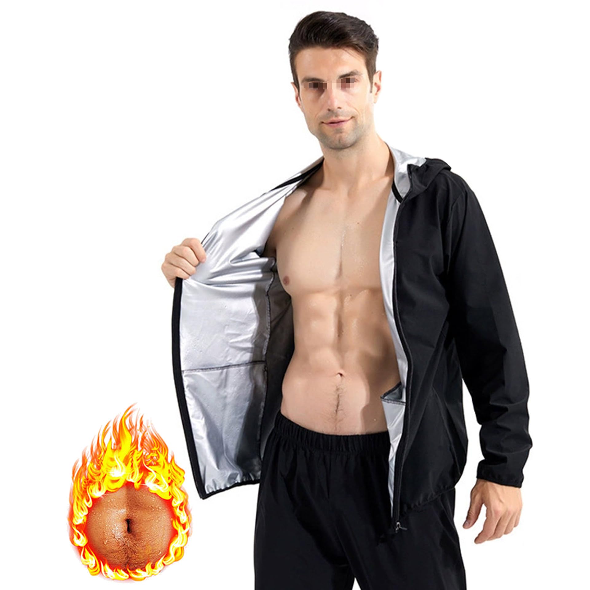 Schwitzanzug Für Herren, Schwitzanzug Zum Abnehmen, Saunajacke Fitness Trainingsshirt Schwitzeffekt Schwitzjacke Body Shaper Mit Reißverschluss,4XL,Black