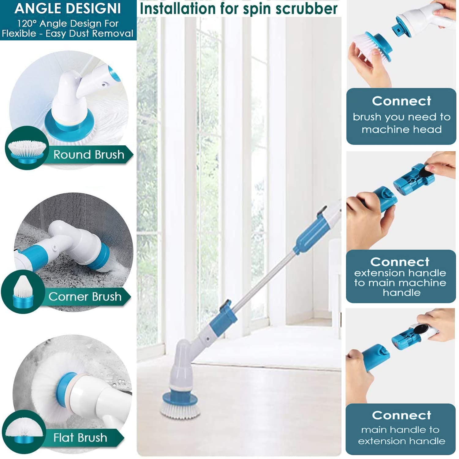 Electric Spin Scrubber,360 Cordless Tub and Tile Scrubber,Multi-Purpose Power Surface Cleaner with 3 Replaceable Cleaning Scrubber Brush Heads,Extension Handle Shower Scrubber for Bathroom Floor Tile