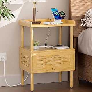 Amazer Bamboo Nightstand with Charging Station, Bedside Table with USB P...