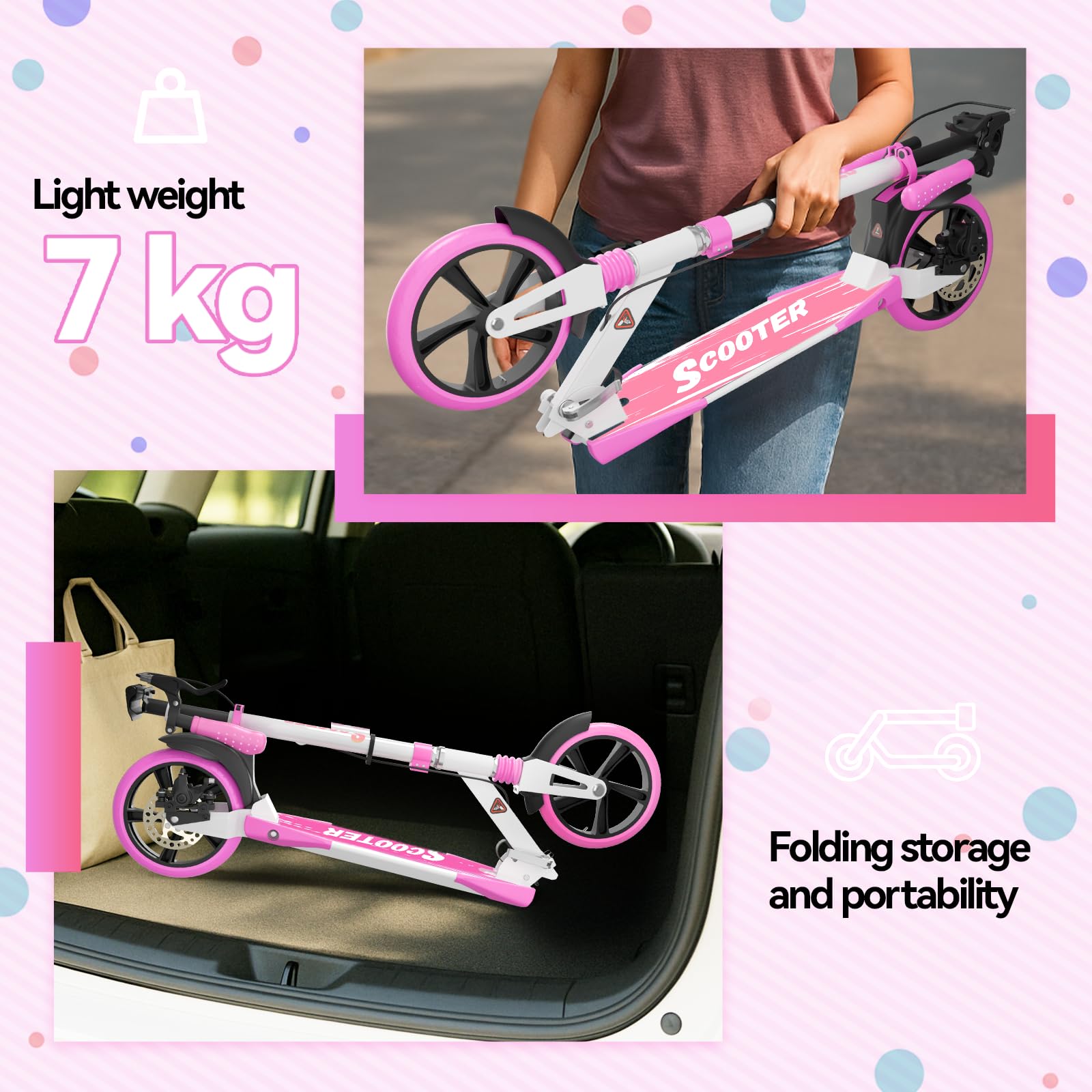 MEE GOO H007D Scooter con freno a disco, doppio ammortizzatore, ruote in PU da 200 mm, cuscinetti ABEC-7, scooter pieghevole per adulti 18+, tavola antiscivolo con rosa/bianco/blu